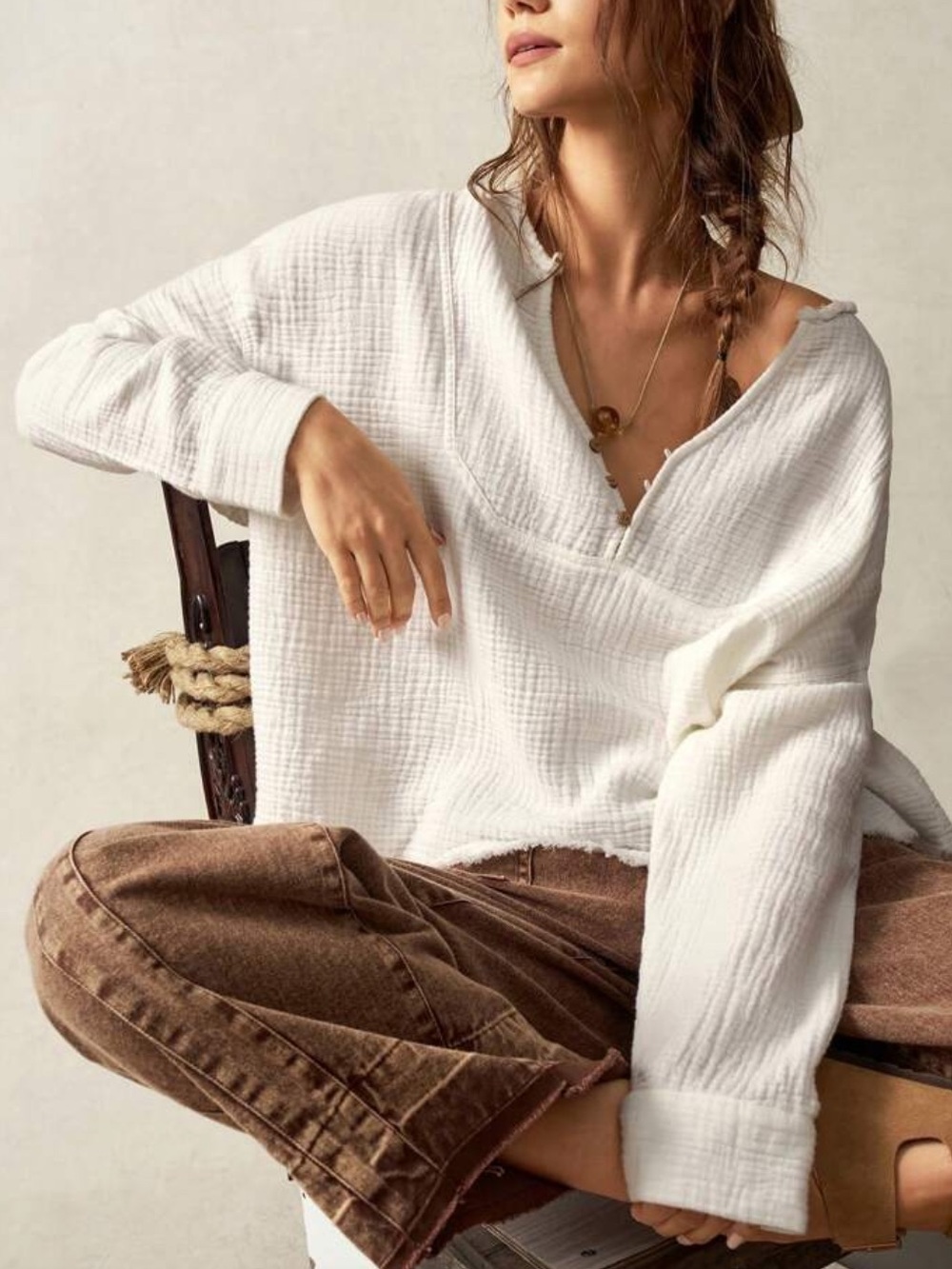 Classic Boho Cotton Loose Fit V-Neck Long Sleeve Woven Top Blouse Shirt White